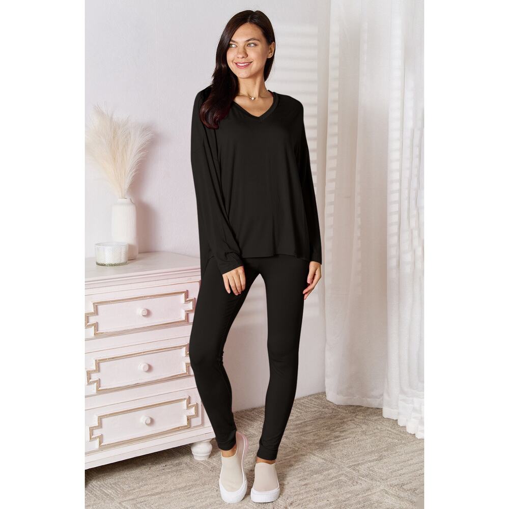 BASIC BAE Black V-Neck Soft Rayon Long Sleeve Top Pants Lounge Set NEW MIsses
